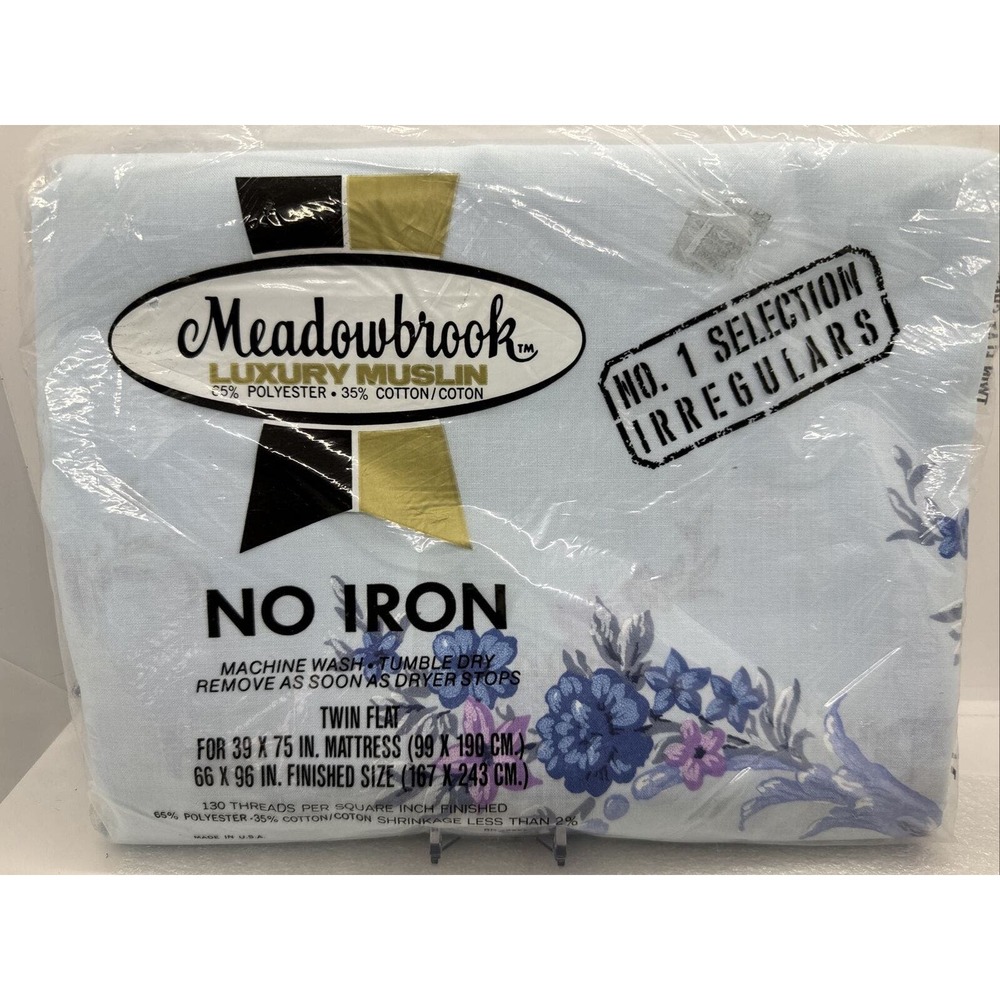 Vintage Twin Bed Sheet Meadowbrook Flat Blue Floral No Iron Luxury Muslin